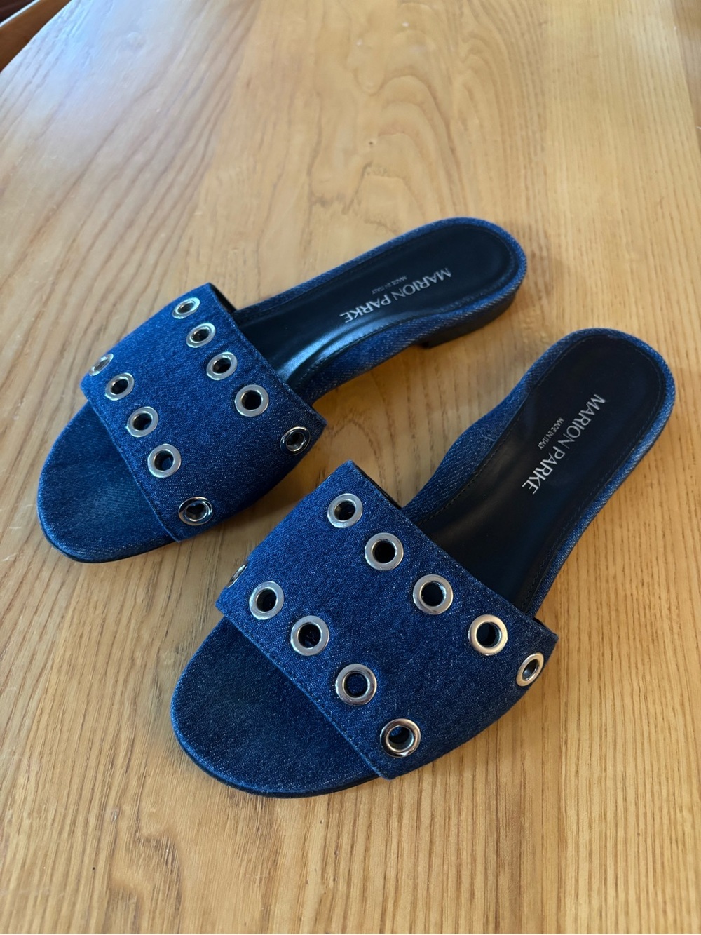 Reformation Navy Denim Slide Mules with Silver Eyelets